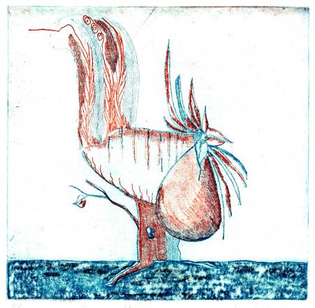 Hahn am Baum - So'n Hals, Zweiplattendruck, 19,5 x 19,5 cm