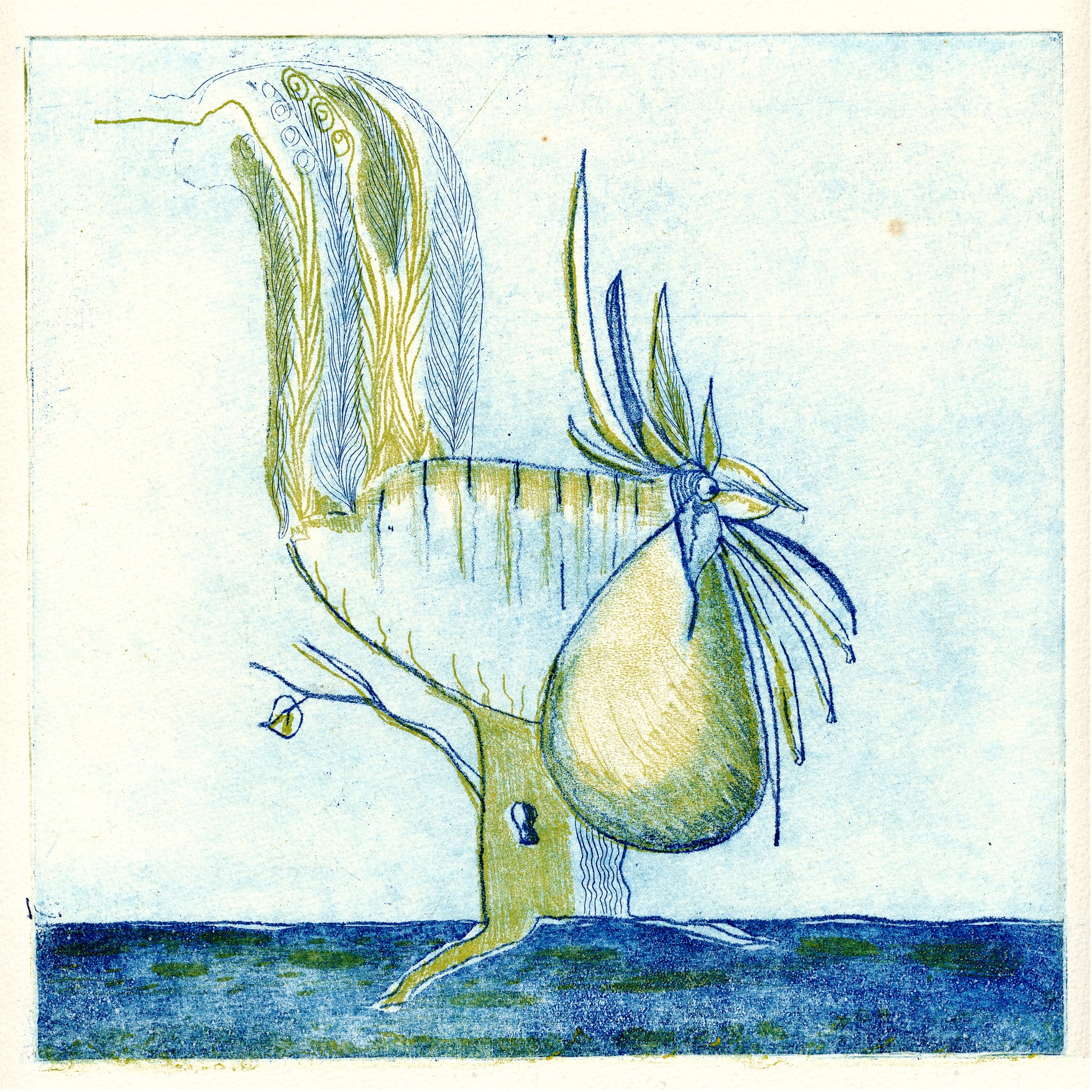 Hahn am Baum - So'n Hals, Zweiplattendruck, 19,5 x 19,5 cm
